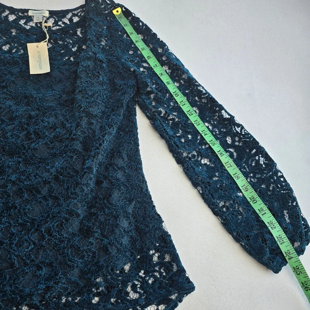 Sundance NWT -1755 Teal Blue Floral Lace Long Sleeve Lined Top Boat Neck Medium - Picture 9 of 9